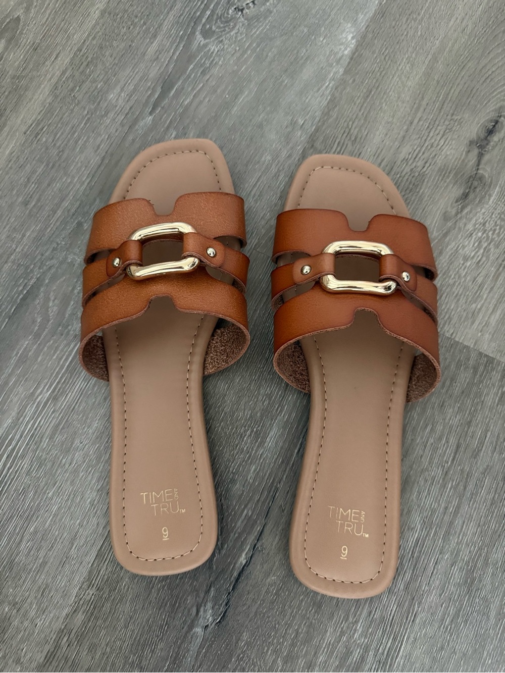 Time and Tru Tan Slide Mules with Gold Buckle Detail
